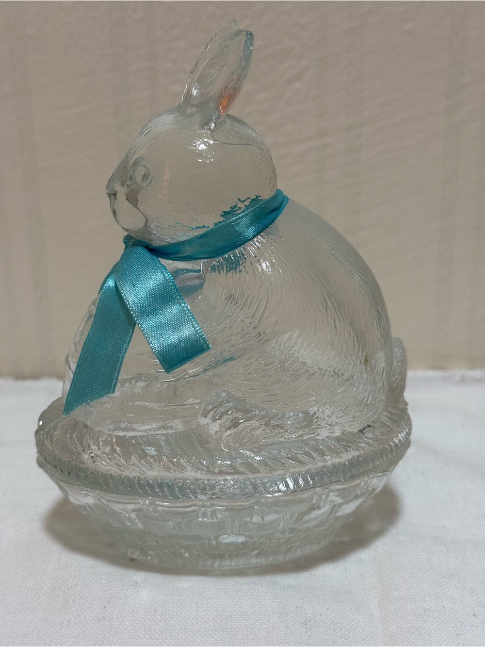 Clear‎ Glass Bunny Trinket Dish with Teal Ribbon